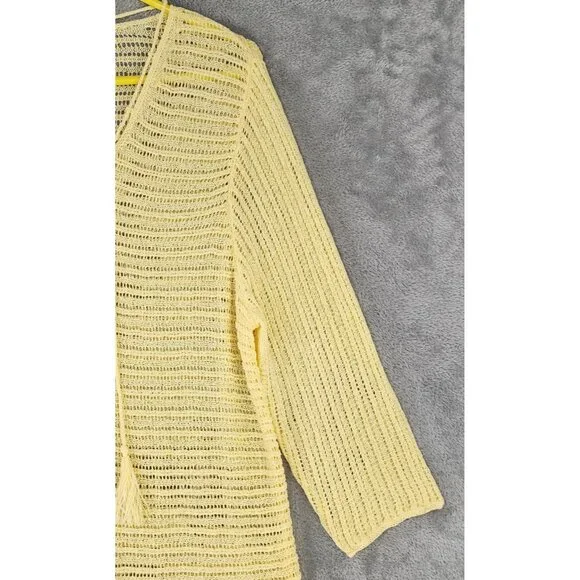 Chicos Shirt Womens Size 3 Yellow Open Knit V Neck Tassels 3/4 Sleeve Loose Top - Picture 8 of 10